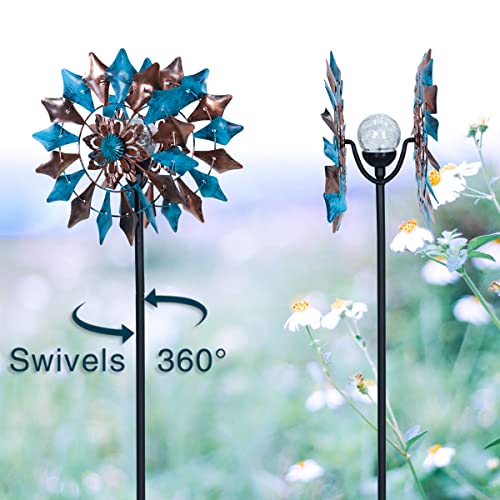 HONGLAND Solar Powered Wind Spinner with Crackle Ball 74 inch Led Lighting Windmill Metal Wind Sculpture Stake for Garden Outdoor Yard Lawn Decoration