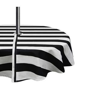 infblue tablecloth waterproof spillproof polyester fabric table cover with zipper umbrella hole for patio garden (60″ round, zippered, black stripe)