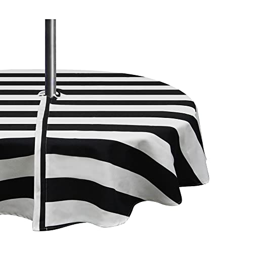 INFBLUE Tablecloth Waterproof Spillproof Polyester Fabric Table Cover with Zipper Umbrella Hole for Patio Garden (60" Round, Zippered, Black Stripe)