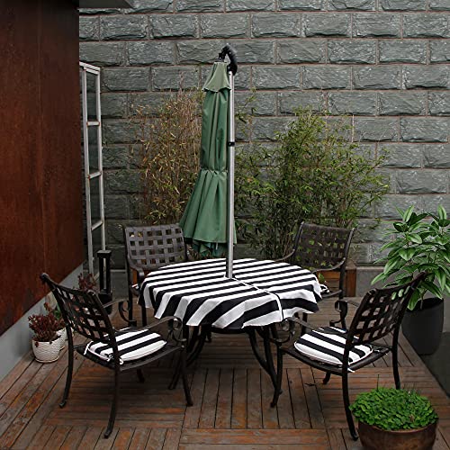 INFBLUE Tablecloth Waterproof Spillproof Polyester Fabric Table Cover with Zipper Umbrella Hole for Patio Garden (60" Round, Zippered, Black Stripe)