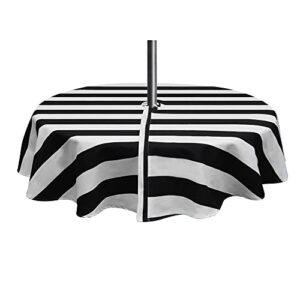 INFBLUE Tablecloth Waterproof Spillproof Polyester Fabric Table Cover with Zipper Umbrella Hole for Patio Garden (60" Round, Zippered, Black Stripe)