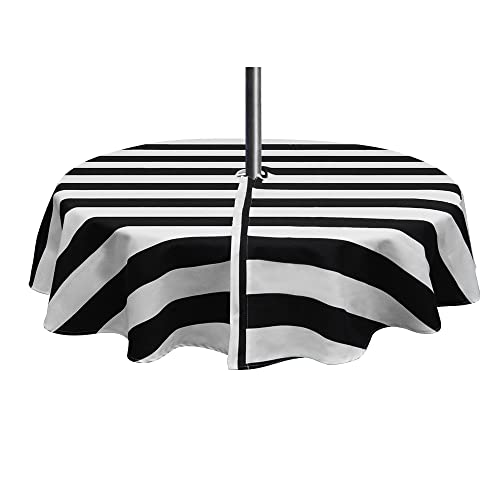 INFBLUE Tablecloth Waterproof Spillproof Polyester Fabric Table Cover with Zipper Umbrella Hole for Patio Garden (60" Round, Zippered, Black Stripe)