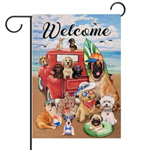 hzppyz welcome summer dogs red truck beach garden flag double sided, coastal nautical pickup decorative yard outdoor small decor home outside decoration 12 x 18