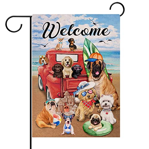 Hzppyz Welcome Summer Dogs Red Truck Beach Garden Flag Double Sided, Coastal Nautical Pickup Decorative Yard Outdoor Small Decor Home Outside Decoration 12 x 18