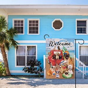 Hzppyz Welcome Summer Dogs Red Truck Beach Garden Flag Double Sided, Coastal Nautical Pickup Decorative Yard Outdoor Small Decor Home Outside Decoration 12 x 18