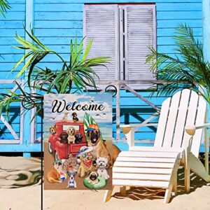 Hzppyz Welcome Summer Dogs Red Truck Beach Garden Flag Double Sided, Coastal Nautical Pickup Decorative Yard Outdoor Small Decor Home Outside Decoration 12 x 18