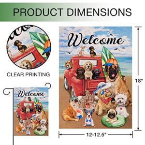 Hzppyz Welcome Summer Dogs Red Truck Beach Garden Flag Double Sided, Coastal Nautical Pickup Decorative Yard Outdoor Small Decor Home Outside Decoration 12 x 18