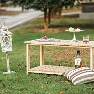 LOKATSE HOME Outdoor Coffee Table Natural Wood Patio Furniture with 2-Shelf Storage Organizer