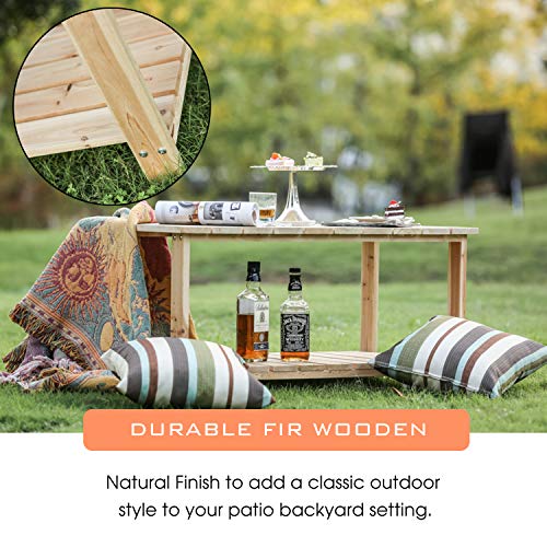 LOKATSE HOME Outdoor Coffee Table Natural Wood Patio Furniture with 2-Shelf Storage Organizer