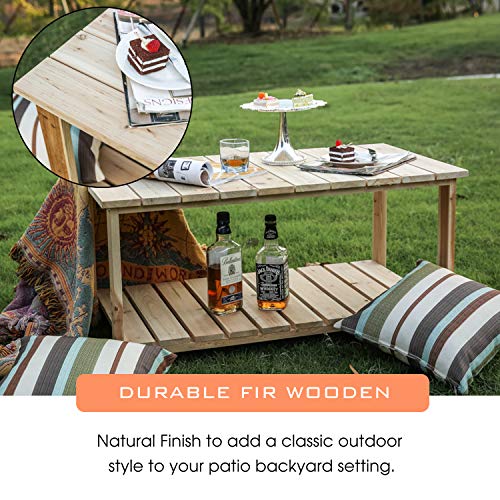 LOKATSE HOME Outdoor Coffee Table Natural Wood Patio Furniture with 2-Shelf Storage Organizer