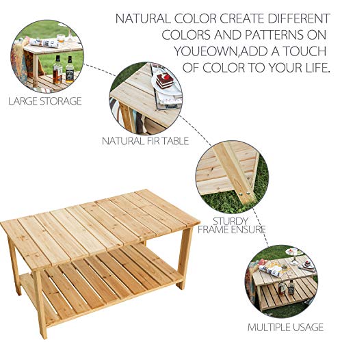 LOKATSE HOME Outdoor Coffee Table Natural Wood Patio Furniture with 2-Shelf Storage Organizer