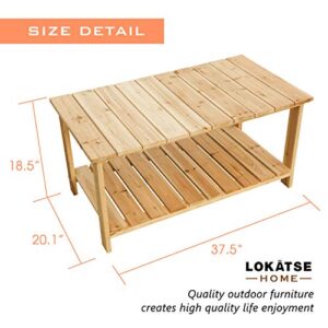 LOKATSE HOME Outdoor Coffee Table Natural Wood Patio Furniture with 2-Shelf Storage Organizer