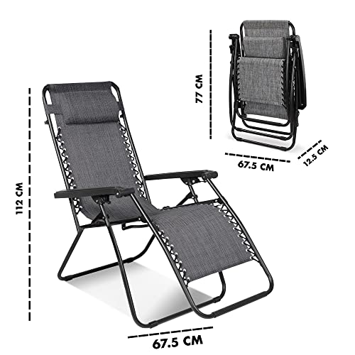 KEPLIN Zero Gravity Chairs Set of 2 with Canopy - Made of Textoline I Heavy Duty Lounger for Garden I Patio Sun Loungers I Folding Reclining Chairs (Grey)