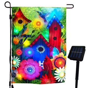 Welcome Lighted garden flag birds house garden flags 12X18 double sided, solar sall yard flag, lawn home spring Easter decoration.