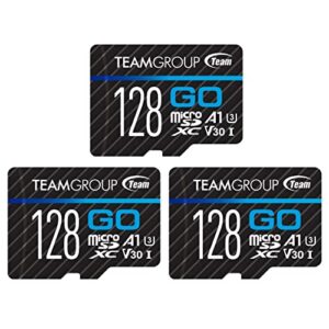teamgroup go card 128gb x 3 pack micro sdxc uhs-i u3 v30 4k for gopro & drone & action cameras high speed flash memory card with adapter for outdoor sports, 4k shooting, nintendo-switch tgusdx128gu362