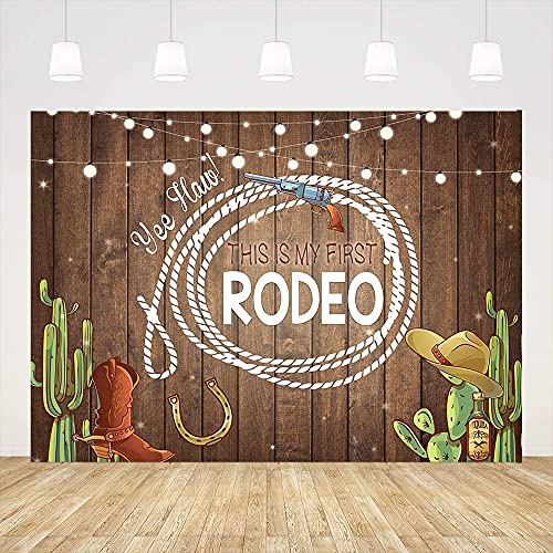 Ticuenicoa This is My First Rodeo 1st Birthday Backdrop Western Cowboy Mexican Cactus Birthday Background for Parties Rustic Wood Baby Shower Backdrops Cake Table Banner Photo Booth Props 5x3ft