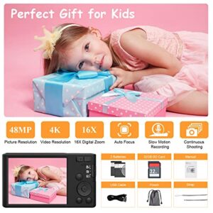 Kids Digital Camera, FHD 1080P Compact Camera 48MP Autofocus 16X Digital Zoom Portable Camera for Boys, Girls,Children,Teenagers,Beginners (with 32GB SD Card and 2 Battery)