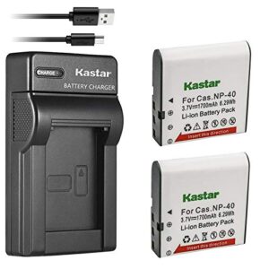 kastar battery (x2) & slim usb charger for cas np-40 and exilim z400 fc100 fc150 fc160s p505 p600 p700 z100 z1000 z1050 z1080 z1200 z200 z30 z300 z40 z450 z50 z500 z55 z57 pro ex-z600 z700 z750 z850