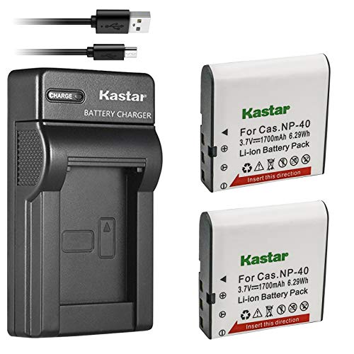 Kastar Battery (X2) & Slim USB Charger for Cas NP-40 and Exilim Z400 FC100 FC150 FC160S P505 P600 P700 Z100 Z1000 Z1050 Z1080 Z1200 Z200 Z30 Z300 Z40 Z450 Z50 Z500 Z55 Z57 PRO EX-Z600 Z700 Z750 Z850