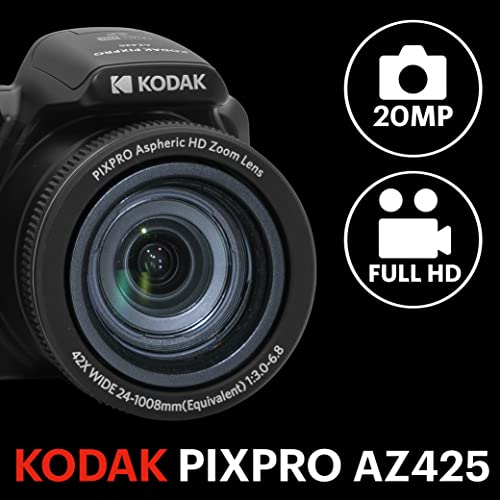 KODAK PIXPRO Astro Zoom AZ425-BK 20MP Digital Camera with 42X Optical Zoom 24mm Wide Angle 1080P Full HD Video Optical Image Stabilization Li-Ion Battery and 3" LCD (Black)