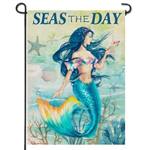 artofy seas the day spring mermaid nautical home decorative garden flag, coastal house yard shell starfish coral conch outside decor, summer beach tropical outdoor small decoration double sided 12×18