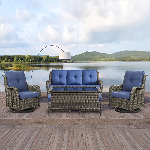 Rilyson Wicker Patio Furniture Set - 6 Piece Rattan Outdoor Sectional Conversation Sets with 2 Swivel Rocking Chairs,2 Ottomans,1 Sofa and 1 Coffee Table for Porch Deck Garden(Mixed Grey/Blue)