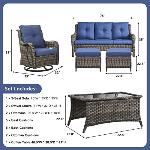 Rilyson Wicker Patio Furniture Set - 6 Piece Rattan Outdoor Sectional Conversation Sets with 2 Swivel Rocking Chairs,2 Ottomans,1 Sofa and 1 Coffee Table for Porch Deck Garden(Mixed Grey/Blue)