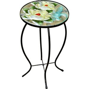 cedar home side table outdoor garden patio metal accent desk with round hand painted glass, yellow