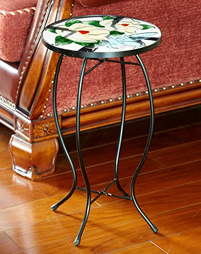 CEDAR HOME Side Table Outdoor Garden Patio Metal Accent Desk with Round Hand Painted Glass, Yellow