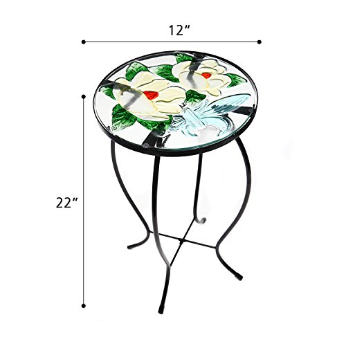 CEDAR HOME Side Table Outdoor Garden Patio Metal Accent Desk with Round Hand Painted Glass, Yellow