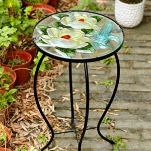 CEDAR HOME Side Table Outdoor Garden Patio Metal Accent Desk with Round Hand Painted Glass, Yellow