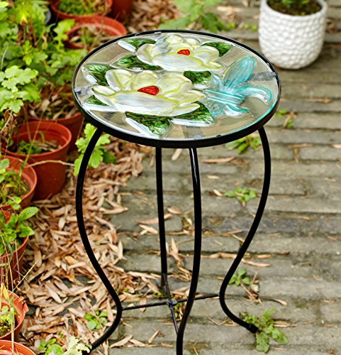 CEDAR HOME Side Table Outdoor Garden Patio Metal Accent Desk with Round Hand Painted Glass, Yellow