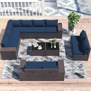asjmr outdoor patio furniture set, 12 pieces outdoor sectional furniture high backrest patio set, all-weather pe rattan patio conversation set w/coffee tables & cushions(dark blue)