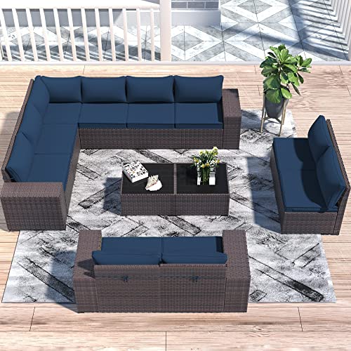 ASJMR Outdoor Patio Furniture Set, 12 Pieces Outdoor Sectional Furniture High Backrest Patio Set, All-Weather PE Rattan Patio Conversation Set w/Coffee Tables & Cushions(Dark Blue)