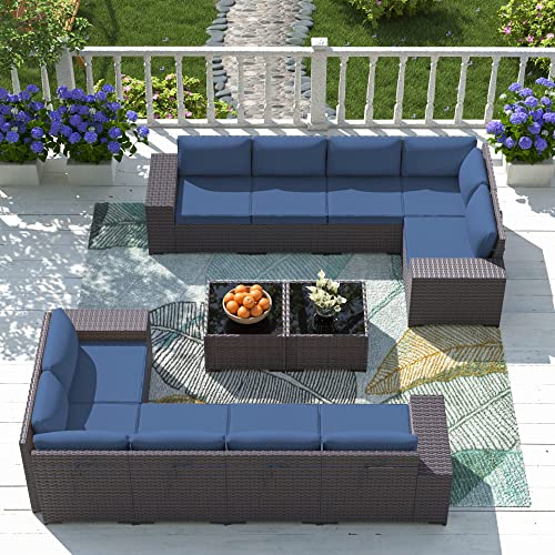 ASJMR Outdoor Patio Furniture Set, 12 Pieces Outdoor Sectional Furniture High Backrest Patio Set, All-Weather PE Rattan Patio Conversation Set w/Coffee Tables & Cushions(Dark Blue)