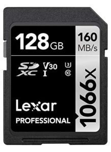lexar professional 1066x 128gb sdxc uhs-i memory card silver series, c10, u3, v30, full-hd & 4k video, up to 160mb/s read, for dslr and mirrorless cameras (lsd1066128g-bnnnu)