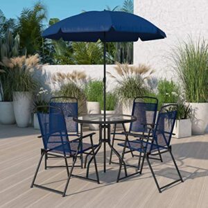flash furniture nantucket 6 piece patio garden table set – umbrella table – set of 4 navy folding chairs