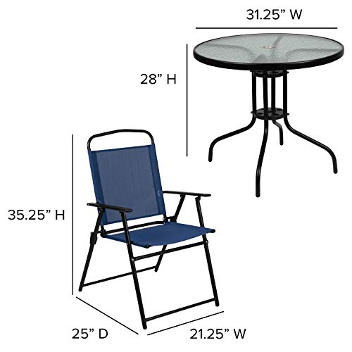 Flash Furniture Nantucket 6 Piece Patio Garden Table Set - Umbrella Table - Set of 4 Navy Folding Chairs