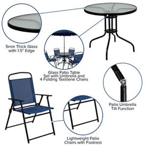 Flash Furniture Nantucket 6 Piece Patio Garden Table Set - Umbrella Table - Set of 4 Navy Folding Chairs