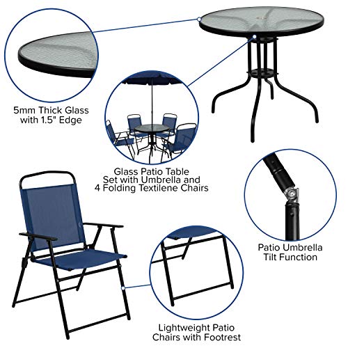 Flash Furniture Nantucket 6 Piece Patio Garden Table Set - Umbrella Table - Set of 4 Navy Folding Chairs