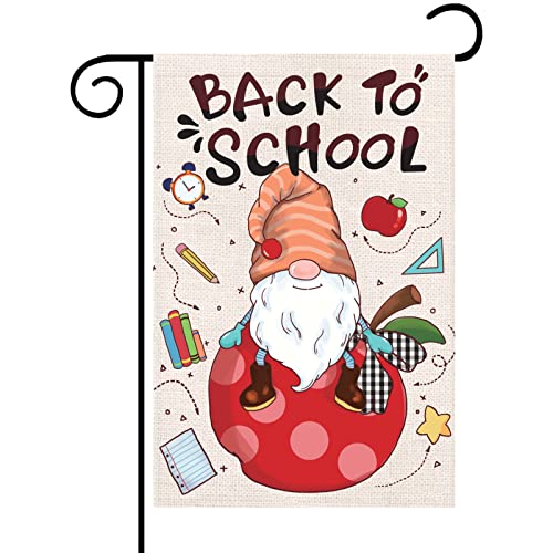 Iutumo Back to School Gnome Garden Flag with Polka Dots Red Apple and Stationery, 12x18 Inch Double Sided Small Vertical First Day to School Banner for Campus Yard Outside Party Decoration