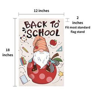 Iutumo Back to School Gnome Garden Flag with Polka Dots Red Apple and Stationery, 12x18 Inch Double Sided Small Vertical First Day to School Banner for Campus Yard Outside Party Decoration