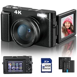 4k digital camera for photography and video autofocus anti-shake, 48mp vlogging camera with sd card, 3” 180° flip screen compact camera with flash, 16x digital zoom travel camera (2 batteries)