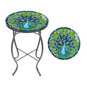 mumtop outdoor side table – small mosaic patio table, peacock 14” round accent end coffee table glass plant stand for garden patio living room(green)