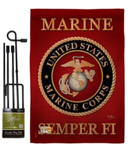 marine corps burlap garden flag set with stand armed forces usmc semper fi united state american military veteran retire official small gift yard house banner double-sided made in usa 13 x 18.5