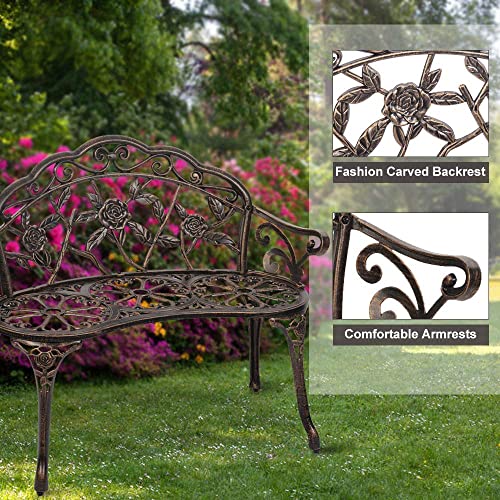 Patio Park Metal Bench Outdoor Garden Bench Romantic Rose Bronze Porch Chair, Antique Finish Carving Design Outside Patio Furniture Bronze Park Bench for Park Yard Lawn Deck