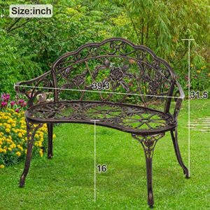 Patio Park Metal Bench Outdoor Garden Bench Romantic Rose Bronze Porch Chair, Antique Finish Carving Design Outside Patio Furniture Bronze Park Bench for Park Yard Lawn Deck