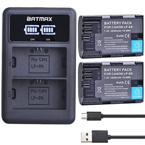 batmax 2pcs 2650mah lp-e6 lp-e6n battery + led dual charger for canon eos r, r5, r6, ra, xc10, xc15, 5d mark ii/iii/iv, 5ds, 5ds r, 6d, 6d mark ii, 7d, 7d mark ii, 70d, 80d, 90d,blackmagic 4k/6k
