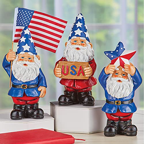 Collections Etc American Pride Uncle Sam Garden Gnome Set, Set of 3 - Lawn & Garden Seasonal 4th of July Decor - Resin - 3.5" L x 3.5" W x 9" H