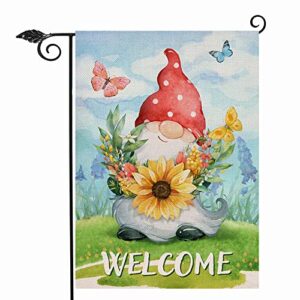 hzppyz welcome spring gnome sunflower wild flower garden flag double sided, red polka dots hat butterfly floral decorative house yard outdoor small decor, summer seasonal home outside decoration 12×18